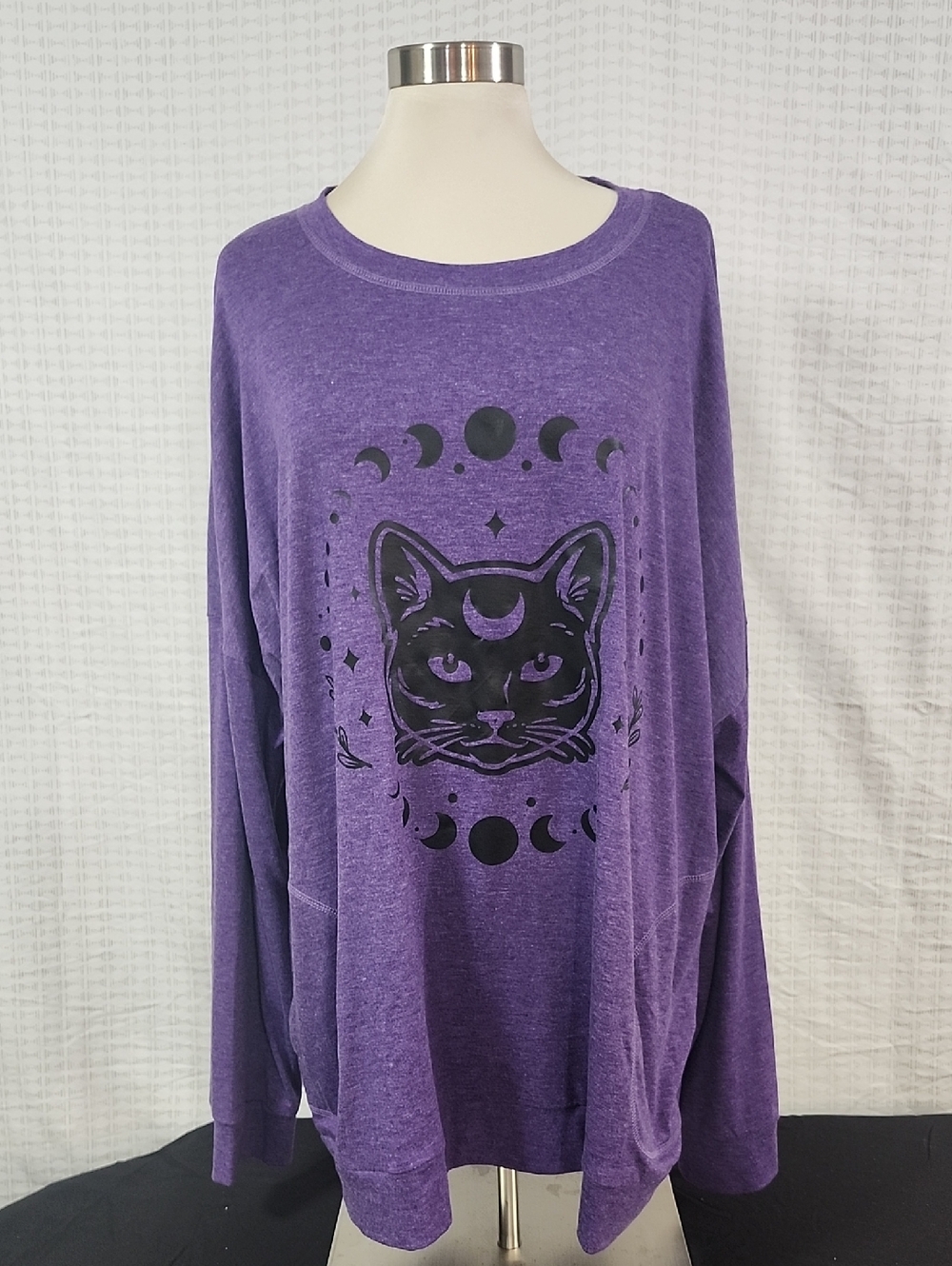Purple Long Sleeve Sweatshirt with Black Cat Moon Graphic